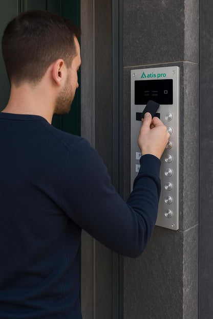 Deurintercom, 2 draden, Vandaalbeveiliging, met RFID-lezer, compleet met telefoons, stroomvoorziening | zeer eenvoudig te installeren. Installatie of oppervlak (12 appartementen)