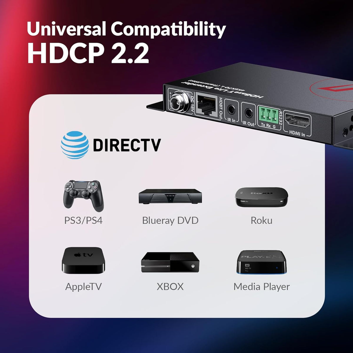 AV Access Professional UHD 4K60Hz (HDBaseT) HDMI-extender tot 70M (230ft), 4Kx2K@60/30Hz 1080P@120/60Hz HDR10 en 3D via Cat5e/6a/7, EDID-beheer + CEC, HDCP 2.2, 2-weg PoE + IR + RS232