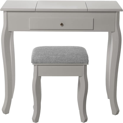 MESA TOCADOR MADERA BLANCO C/ESPEJO+TAPIZADO TAPIZADO GRIJS 80X40X74CM BANK: 36,5X29X46CM