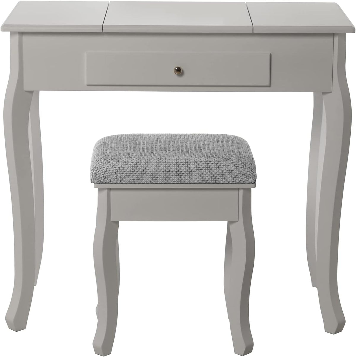 DRW Kaptafel met een lade van hout met witte spiegel bekleed met bank, 80 x 40 x 74 cm, bank 36,5 x 29 x 46 cm