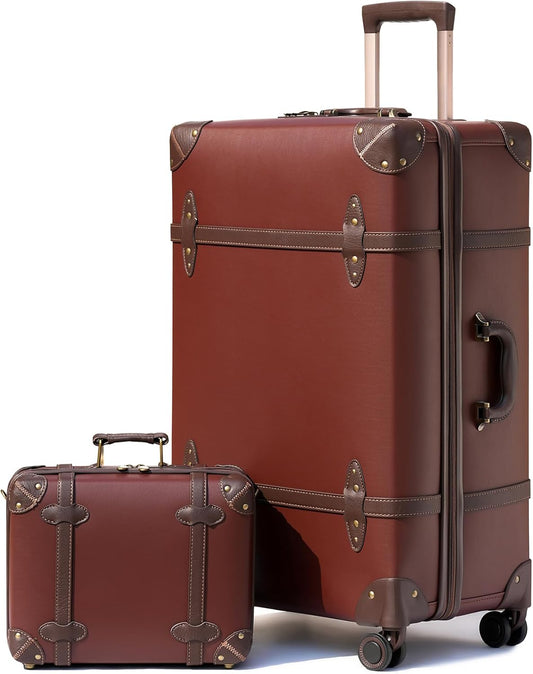 Urecity Vintage reiskofferset, 4-delig, licht, retro, lederen koffer, harde schaal, trolley, handbagage, sets met TSA-slot en 8 wielen (S-M-L-XL), KaRAMELL BRUIN, S(14")+M(20")