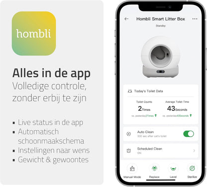 Hombli Slimme kattenbak met automatische zelfreiniging, uv-sterilisatie, gezondheidsbewaking, camera, compatibel met Alexa en Google