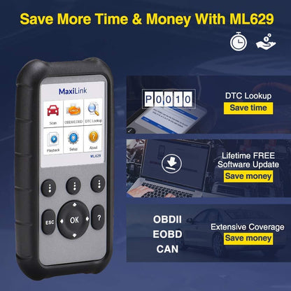 Autel ML629 MaxiLink OBD2 autoscanner met DTC-opzoekfunctie, kant-en-klare test, ABS SRS-motortransmissie diagnostische en online updatesoftware inbegrepen (verbeterde versie van ML619)
