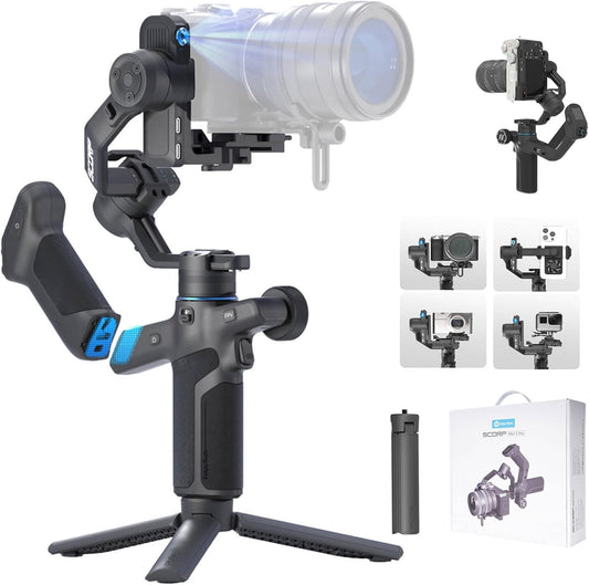 FeiyuTech SCORP Mini-3-Pro Gimbalstabilisator voor spiegel/compact/actiecamera, smartphone, 18 m AI-tracking, afneembare afstandsbediening, 2 kg belastbaar, 3-assige gimbal voor Canon Sony