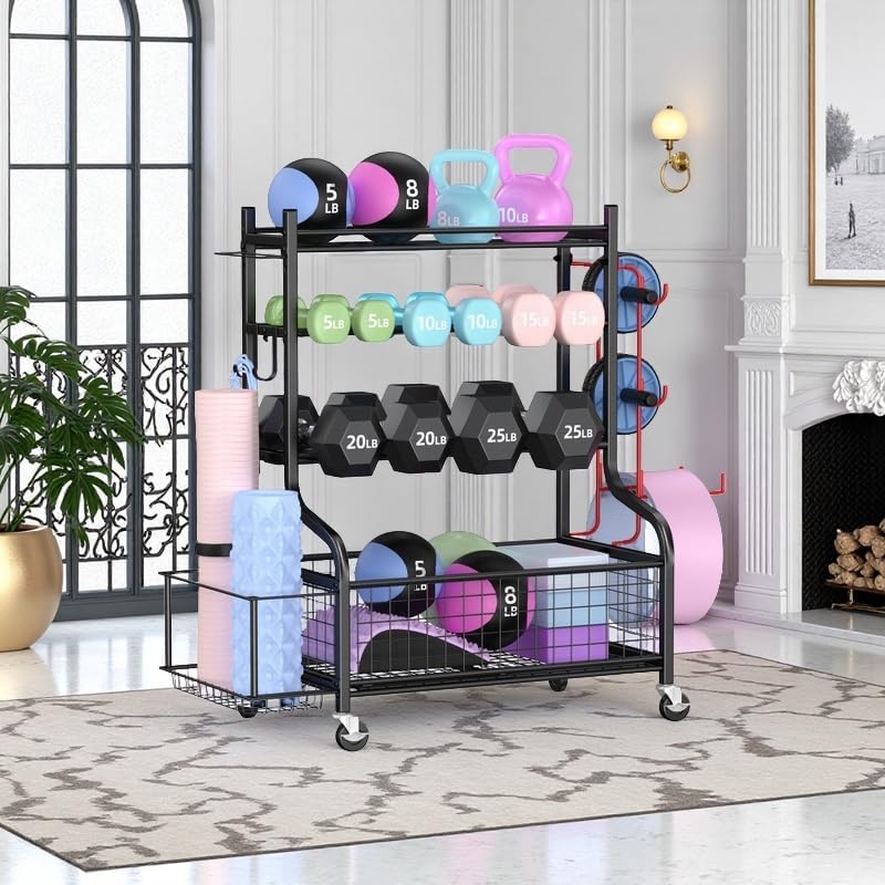 Mythinglogic Halterstandaard, multifunctioneel halterrek voor halters, yogamat, fasciarol, kettlebell en yogablok, gepoedercoat staal, met haken en wieltjes