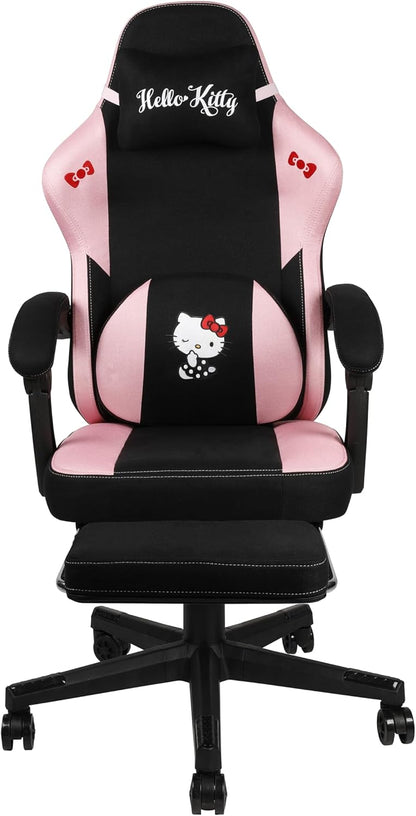 Konix Hello Kitty Gaming-bureaustoel, zithoek 150 graden, frame van hout en metaal, kussens, voetensteun, zwart en roze