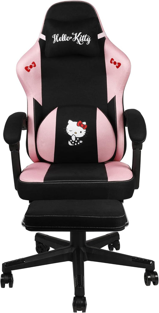 Konix Hello Kitty Gaming-bureaustoel, zithoek 150 graden, frame van hout en metaal, kussens, voetensteun, zwart en roze