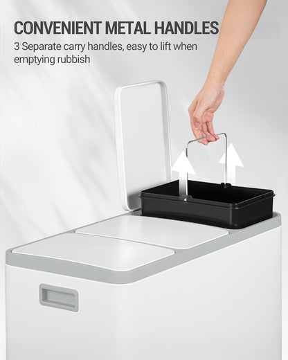 Hzuaneri Garbage Separation System for Kitchen, 3 Compartments, 45 L (3 x 15 L), Stainless Steel Kitchen Waste Bin, Pedal Bin with Colour-Codable Pedals, Waste Bin, Quiet Slow Descent, White