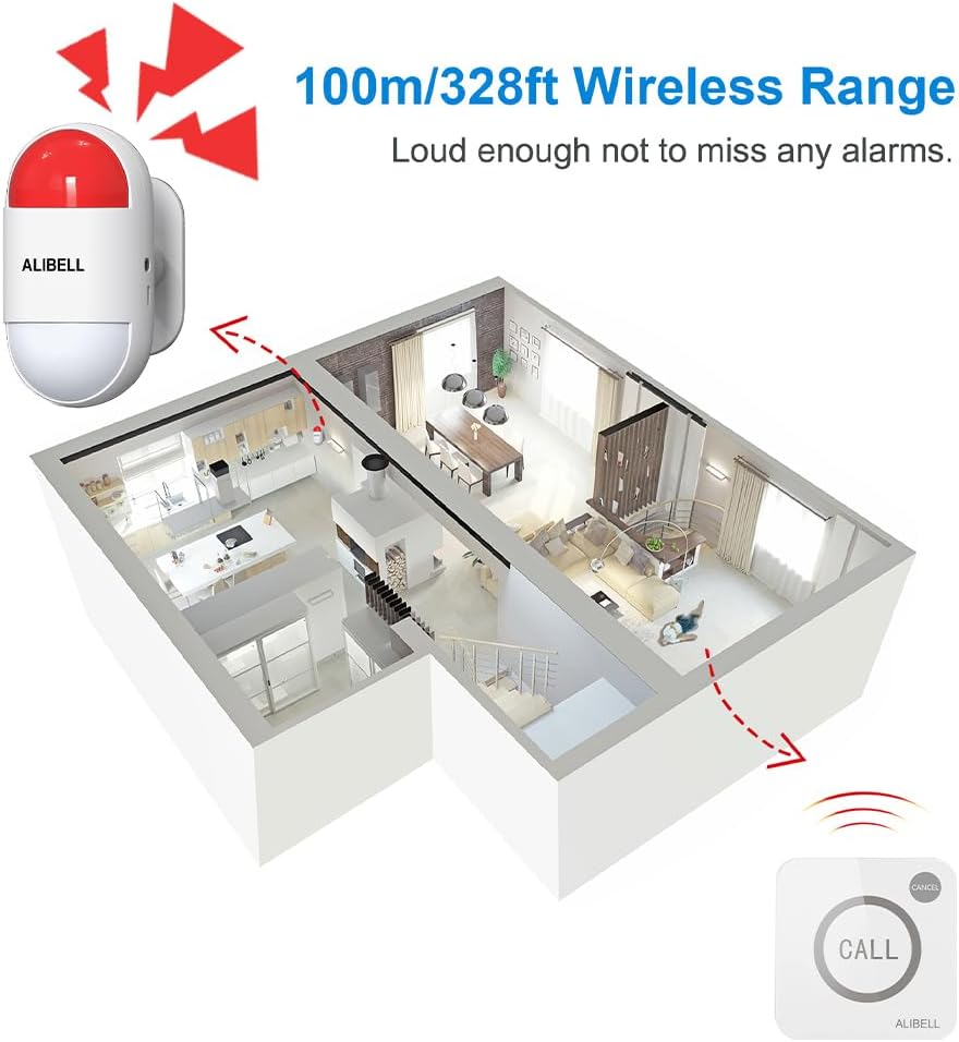ALIBELL Persoonlijk alarm 120 dB sirene, noodsituatie, veiligheidssysteem voor huis/bedrijf/fabriek, 4 noodoproepknoppen + 2 sirene (werkt op batterijen en Plug-in Netstroomvoorziening)