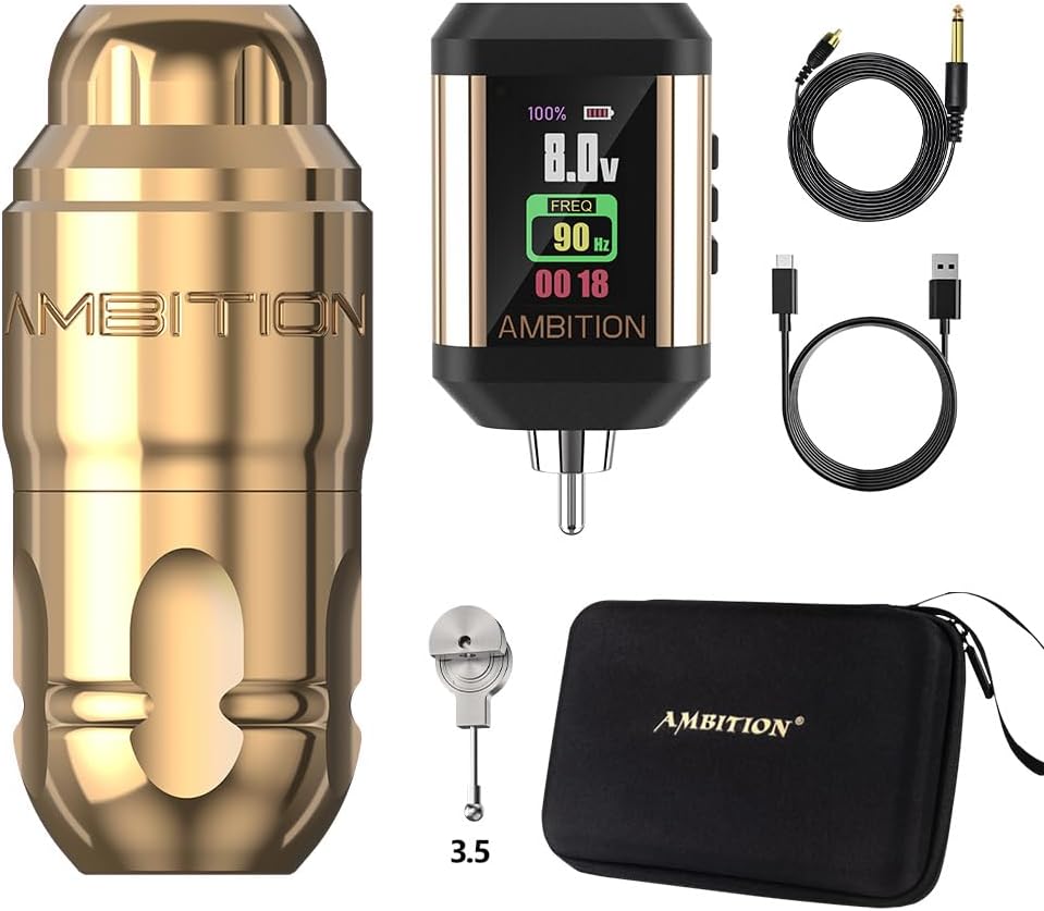 Ambition Lutin Rotary Tattoo Machine met Korall Tattoo Voeding 2200mAh Straight Drive Bar - Draadloze Tattoo Machine Korte Tattoo Pen met Brushless Motor met RCA-kabel voor tatoeëerder