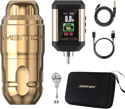 Ambition Lutin Rotary Tattoo Machine met Korall Tattoo Voeding 2200mAh Straight Drive Bar - Draadloze Tattoo Machine Korte Tattoo Pen met Brushless Motor met RCA-kabel voor tatoeëerder