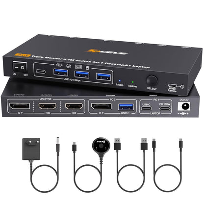 Triple Monitor KVM Switch voor 1 Laptop 1 Desktop, USB 3.1 KVM Switch 2 PC 3 monitoren USB C HDMI DP Delen 4 USB Device Muis, Toetsenbord, 100W PD, 4K @60Hz, MST, bedrade afstandsbediening