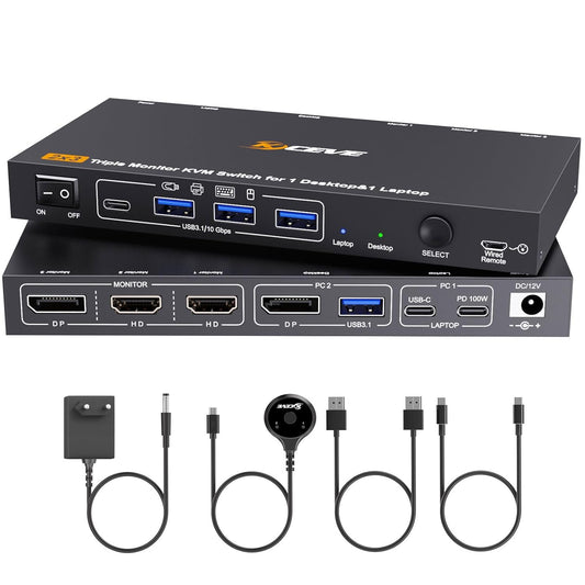 Triple Monitor KVM Switch voor 1 Laptop 1 Desktop, USB 3.1 KVM Switch 2 PC 3 monitoren USB C HDMI DP Delen 4 USB Device Muis, Toetsenbord, 100W PD, 4K @60Hz, MST, bedrade afstandsbediening