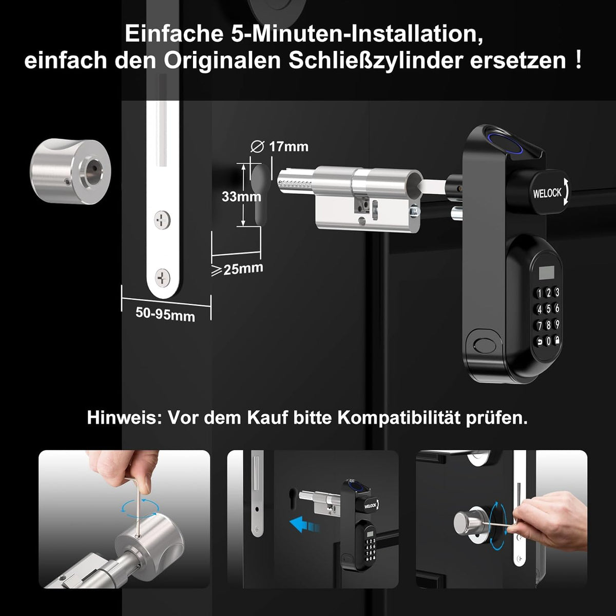 Slim Deurslot – Elektronisch Deurslot – Vingerafdrukslot – RFID Deurslot – Digitale Cilinder – 6-in-1 Ontgrendeling – Eenvoudige Installatie voor 50-90 mm Deurdikte