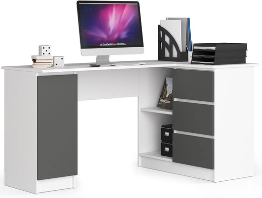 AKORD B-20 Corner Desk with 3 Drawers, 2 Shelves and a Door for Home and Office, 155 x 77 x 85 cm, 60 kg, White and Graphite Grey for - QUORE