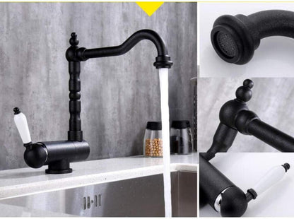 Antieke Europese keuken zonder raam, gootsteen, warm en koud, waterafvoer, kranen, binnenraam, koper, zwart, kranen, vouwkranen, omkeerbaar, plat, raamkranen@Pearl Black