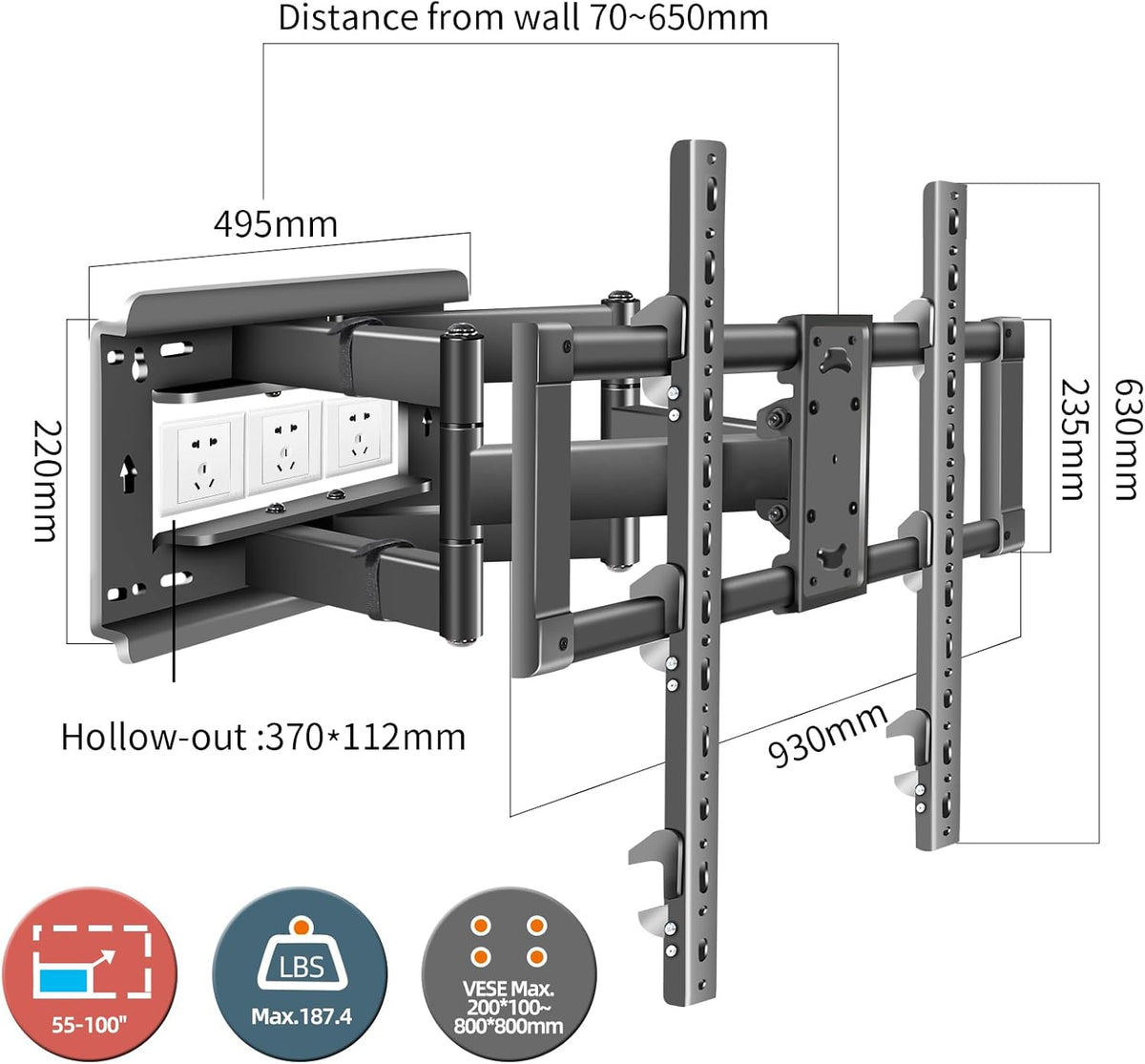 85 86 90 98 Full Motion TV Muurbeugel voor 55-100 Inch Televisie LED, Dual Articulating Arms Heavy Duty Mount, Swivel Tilt tot 80kg (176 lbs) Max VESA 800x600mm DY999