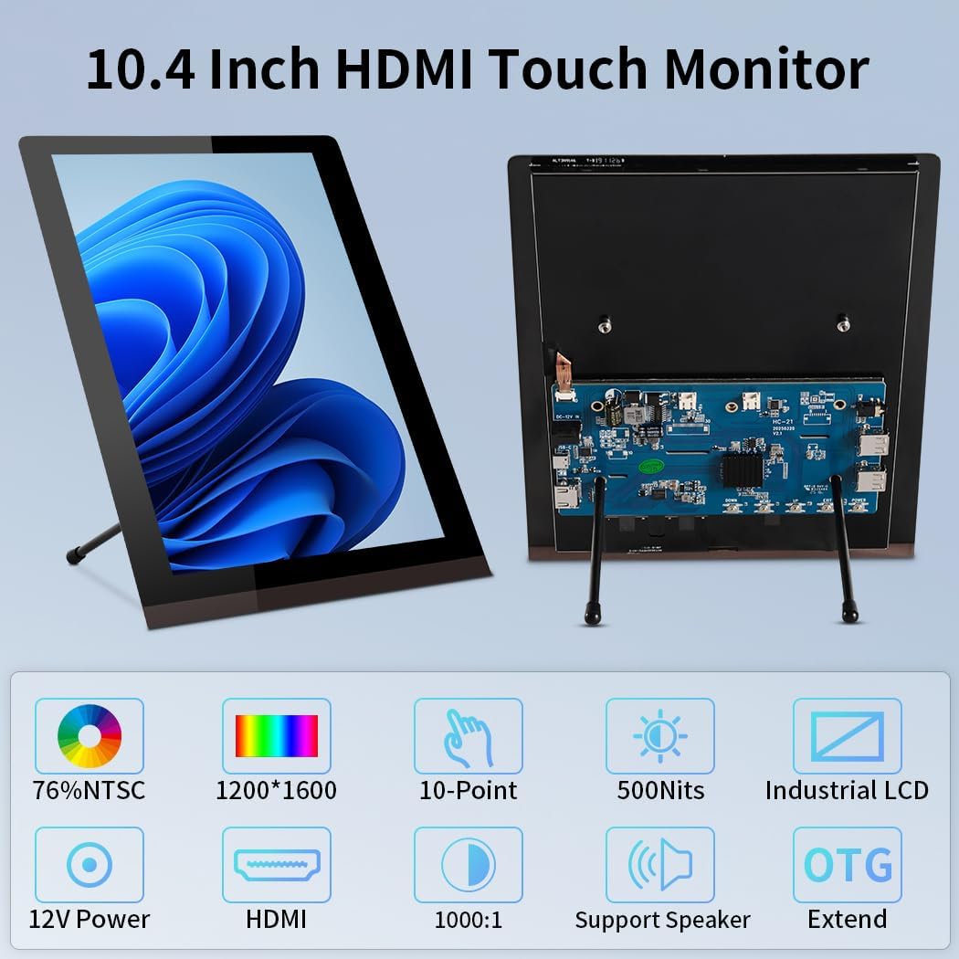 Raspberry Pi 5 Touch Screen Display, 10.4 Inches, IPS 1200 x 1600, Vertical Mini HDMI Display, 500 Nits Outdoor Readable Industrial Monitor, Capacitive Second Monitor for Laptop - QUORE