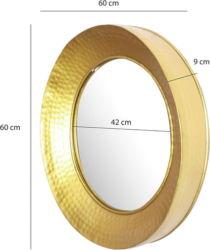 Wandspiegel – Hangspiegel – Spiegel Voor Muur – Goudkleurige Spiegel – Decoratieve Spiegel – Gehamerd Gouden Frame – 60 cm Diameter – IJzeren Stijlvol Design