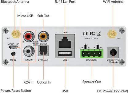 Arylic Up2stream A50+ WiFi en Bluetooth-versterker met AirPlay-uitgang en subwoofer, TPA3116 stereo-installatie, hifi gesynchroniseerde audio in meerdere kamers/meerdere zones