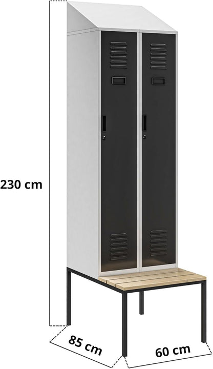 Jan Nowak Cabinet, Metal Locke with Dining Table Bench | Powder Coated, Ventilation Openings | Internal Lockers with Key | Cloakers, Dressing Rooms | 230cm x 60cm x 85cm | Grey-Anthracite - QUORE