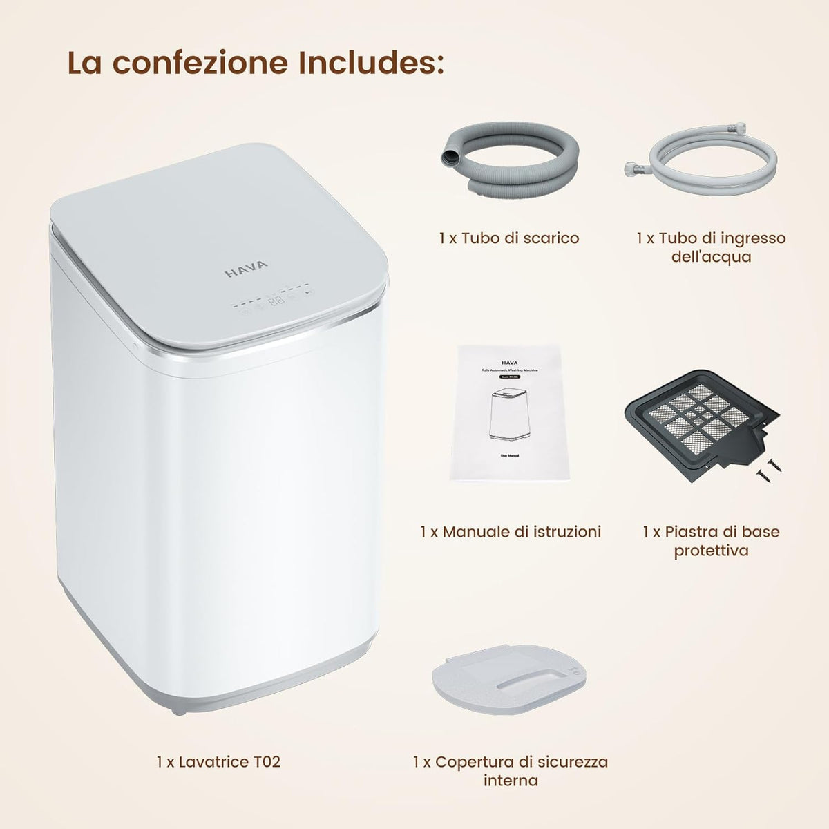 HAVA Mini washing machine, 3 kg, 8 programs, 40 °C and 60 °C hot washing options, capacity 22.7 litres, small washing machine, camping washing machine with spin, supports upstairs drain - QUORE