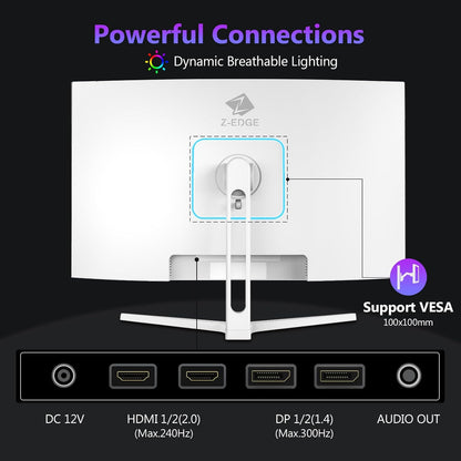 Z-Edge Gaming Monitor Curved White 27'' 300Hz (DP1.4*2), 1ms, FHD, FreeSync, 240Hz (HDMI2.0*2), 16:9 LED Gaming Monitor White, Adjustable Tilt, HDR, VA, 3000:1, RGB VESA(DP Cable Included)