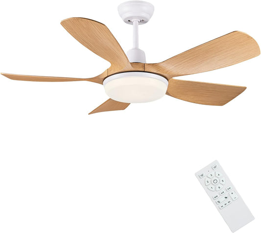 Newday Plafondventilator van hout, 106 cm, plafondventilator met licht en stille afstandsbediening, dimmer, DC-motor, 5 bladen, geheugenfunctie voor woonkamer en slaapkamer