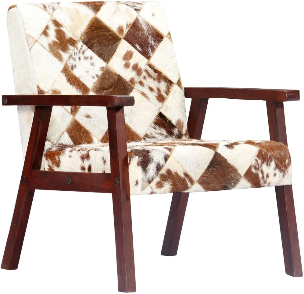 Fauteuil wit en bruin echt geitenleer, loungestoel, televisiestoel, relaxstoel, bureaustoel, stoel voor slaapkamer, woonkamer, werkkamer, kantoor