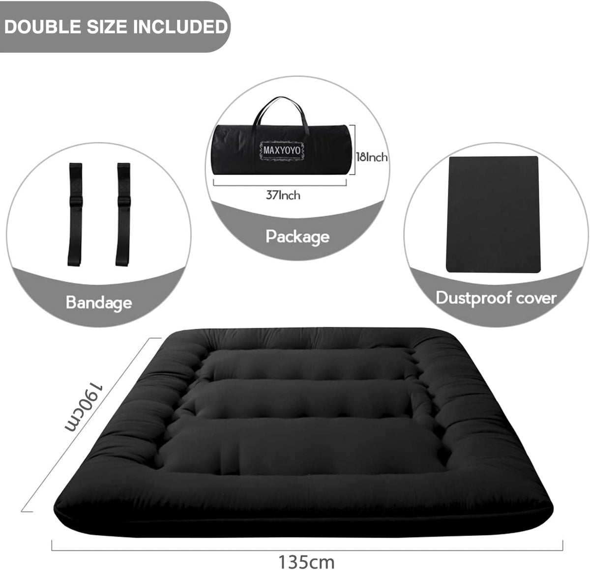 Maxyoyo Japanese Floor Mattress, Futon Mattress, Thicken Tatami Mat, Sleeping Pillow, Foldable, Roll-Up Mattress, Dormitory, Mattress, Floor Lounger, Pillow, Bed(Black, Double)