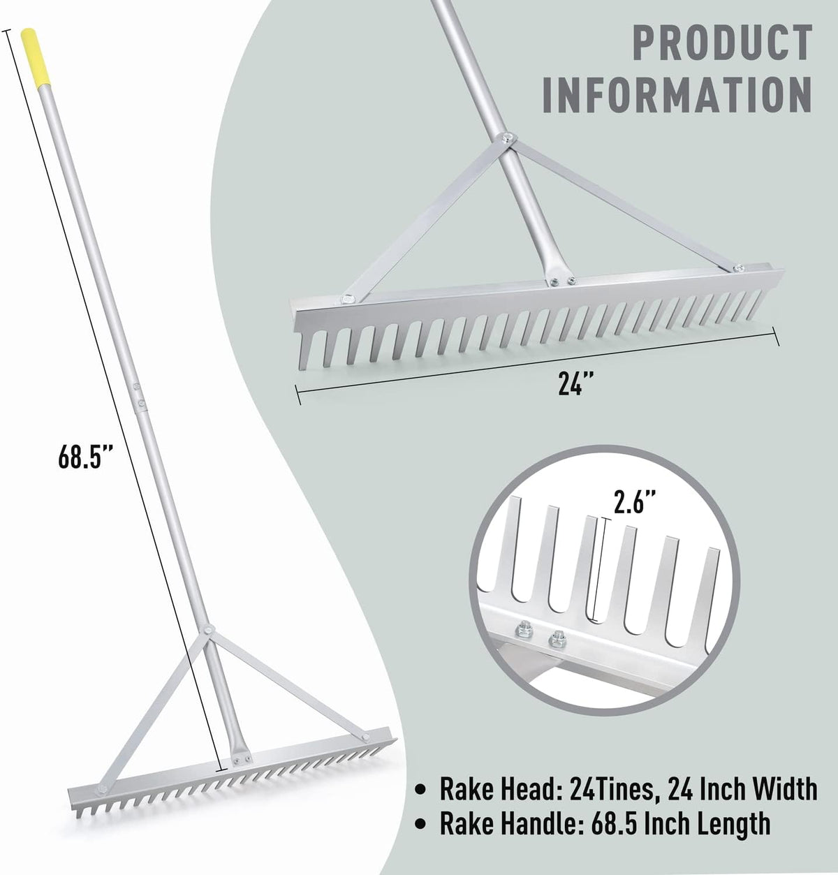 Tuinhark - Landschapshark - Bladharken - Screening Rake - 24 Tines - 24inch Head - 68inch Handvat - voor Strand - Gazon Onderhoud - Aluminium - Zilver