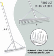 Tuinhark - Landschapshark - Bladharken - Screening Rake - 24 Tines - 24inch Head - 68inch Handvat - voor Strand - Gazon Onderhoud - Aluminium - Zilver