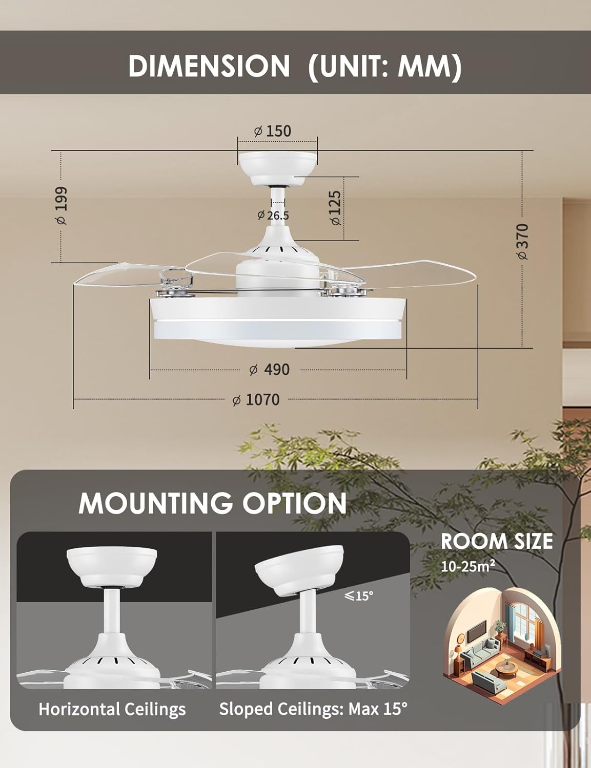 CJOY Plafondventilator met licht, 107 cm, plafondventilator met 3 intrekbare messen, plafondventilator, stil, omkeerbaar, zomer en winter, 6 snelheden, timing, 3 kleurtemperaturen