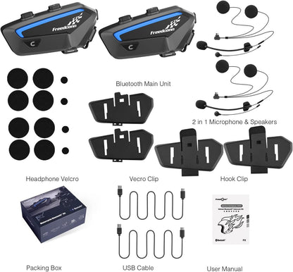 FreedConn FX Motorfiets Bluetooth Headset met Muziek Delen, 2 stks FX 10 Riders 1500m Groep Helm Bluetooth Intercom met Ruisonderdrukking/FM Radio, /Universele Koppeling/Zwart Ultradunne Body