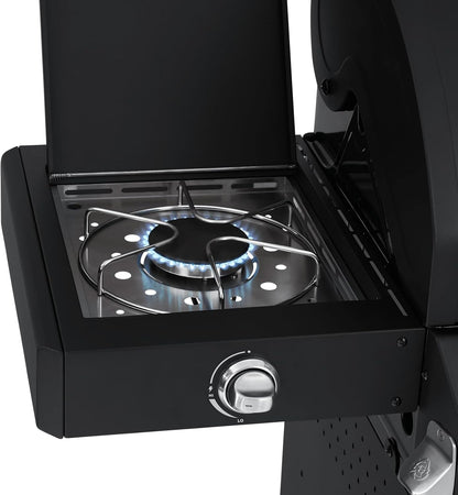 BURNHARD 3 Burners Gas Barbecue FRED Deluxe BLACK Series 3 incl. Rear Burner, Ceramic 900 °C Infrared Burner, Side Cooker, Cast Iron Grill Grate + Folding Side Tables - QUORE