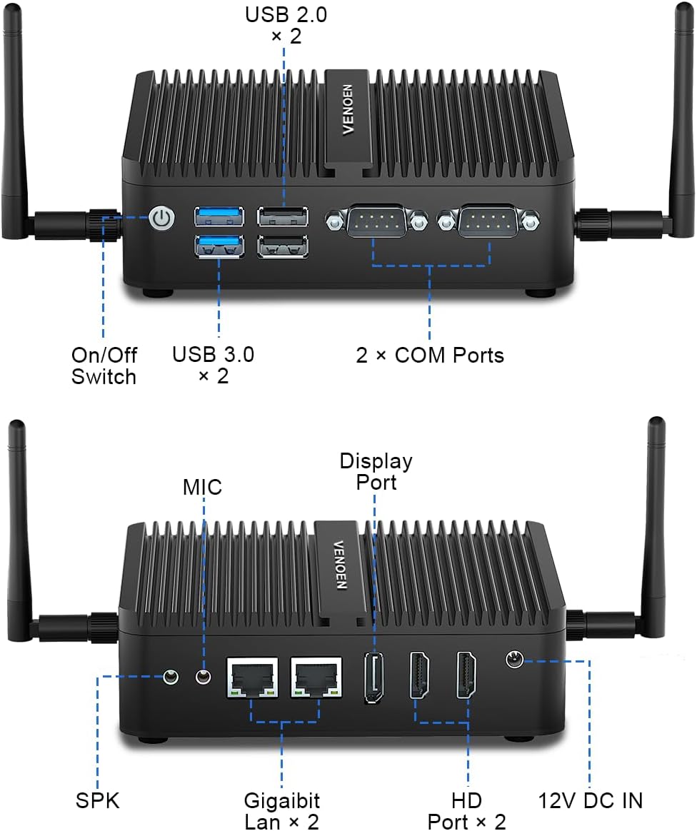 Fanless Mini PC Celeron J6412, Fanless Desktop PC, Dual HD, DP, 4K, 2xCOM, LAN RJ45, WiFi, BT4.2, Auto Power On, Use for Office/Home/Business, Industrial Server, 8GB RAM 128GB SSD - QUORE
