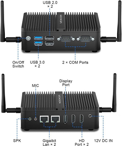 Fanless Mini PC Celeron J6412, Fanless Desktop PC, Dual HD, DP, 4K, 2xCOM, LAN RJ45, WiFi, BT4.2, Auto Power On, Use for Office/Home/Business, Industrial Server, 8GB RAM 128GB SSD - QUORE
