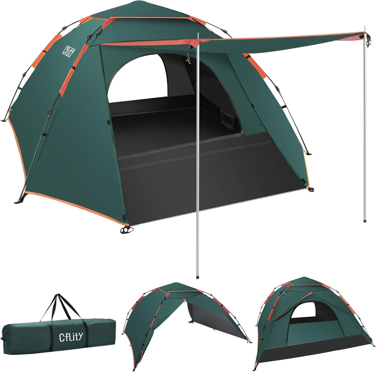Campingtent, 3 man pop-up tent, automatische instant drielaagse waterdichte 4 seizoenen grote koepeltent en schuilplaatsen met verlengde vloermat veranda 2 halstokken verwijderbare regenvlieg