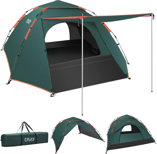Campingtent, 3 man pop-up tent, automatische instant drielaagse waterdichte 4 seizoenen grote koepeltent en schuilplaatsen met verlengde vloermat veranda 2 halstokken verwijderbare regenvlieg