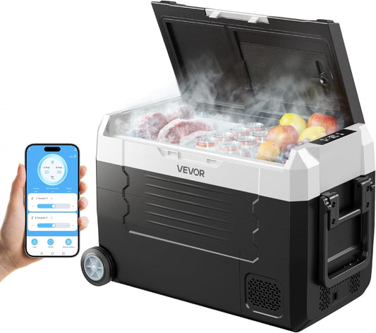 VEVOR Compressor-koelbox, 12/24 V DC 100-240 V AC, autokoelkast, 35 l, met app-bediening, wielen en 2 temperatuurzones (-20 °C tot 20 °C), draagbare koelkast voor camper, boten, camping, vissen
