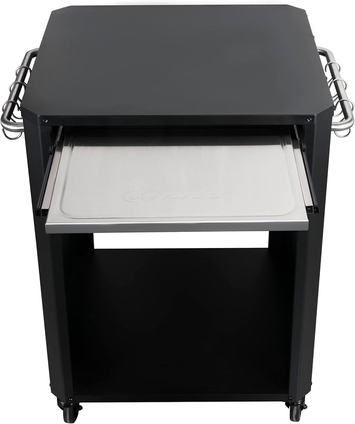 Cozze® | Outdoor table with extendable chopping board | For pizza ovens up to 60 cm | Side handles with 6 stainless steel hooks | Rubber castors Ø75 mm | Gas cylinder space | Black powder-coated - QUORE