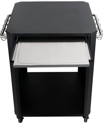 Cozze® | Outdoor table with extendable chopping board | For pizza ovens up to 60 cm | Side handles with 6 stainless steel hooks | Rubber castors Ø75 mm | Gas cylinder space | Black powder-coated - QUORE