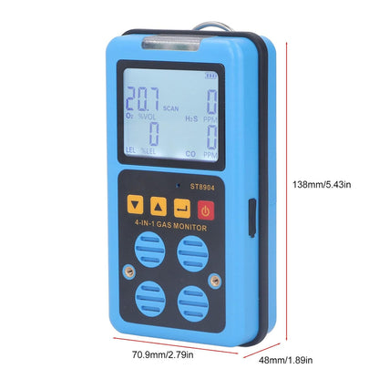 4 in 1 Gasmonitor, CO H2S O2 LEL Veelvoudige Indicator Geluidslicht, Trilling, Alarm Gaslekdetector met Achtergrondverlichting Handheld Gasdetector voor Thuis Chemisch Laboratorium