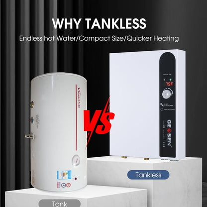 Tankloze elektrische doorstroomboiler, 27 kW, 240 V, eindeloos heet water op aanvraag, met digitale temperatuurweergave voor douches, 114 A, wit