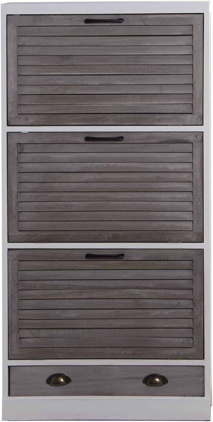 DRW Schoenenkast met 3 deuren en 1 lade van Paulownia in wit en grijs, 65 x 20 x 132 cm
