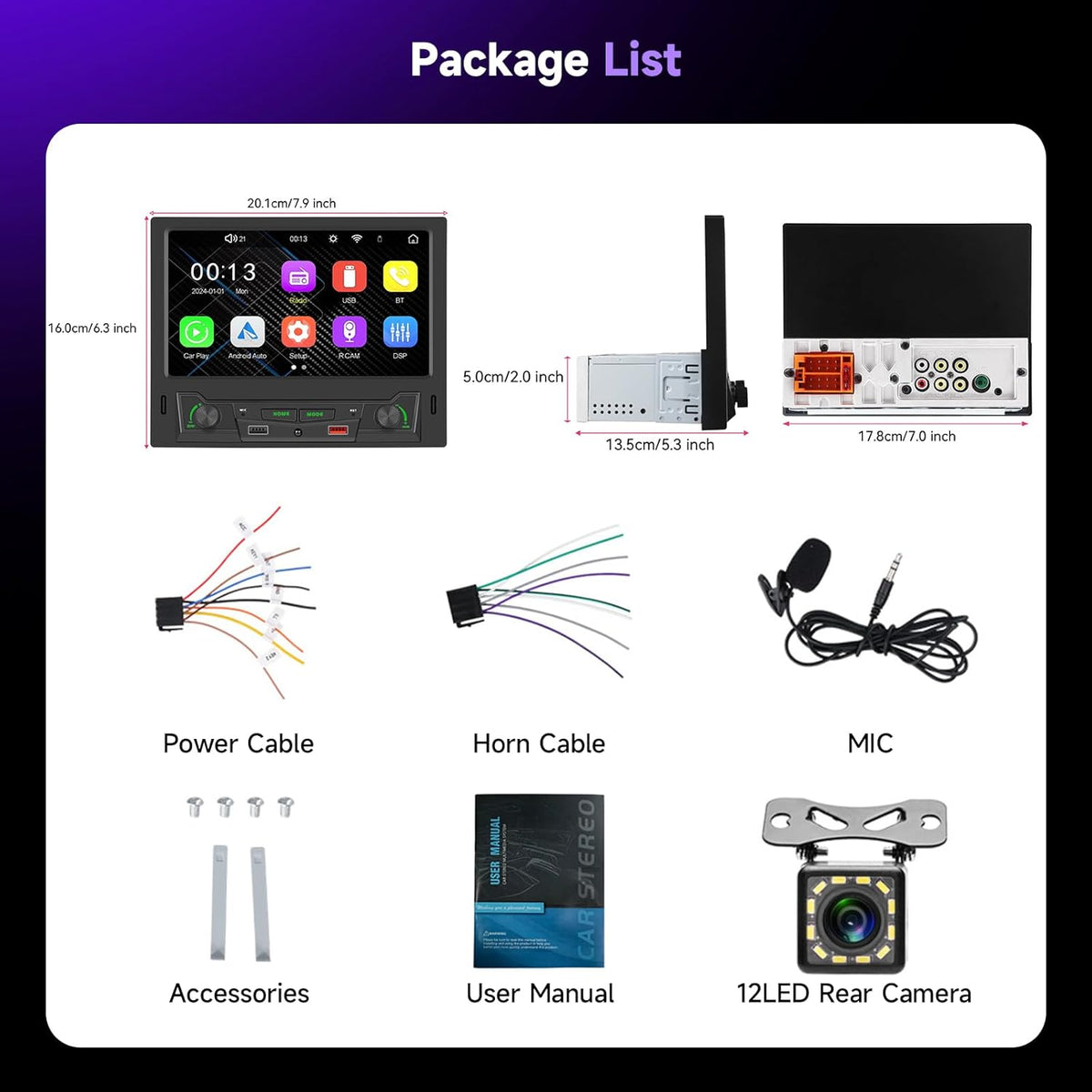 Hodozzy 1 Din Car Radio with Wireless Carplay Android Car, 1 DIN 8 Inch Touch Screen Car Radio with Bluetooth, FM/AM Radio, DSP, AUX, Steering Wheel Remote Control, Dual USB, Video Sync - QUORE