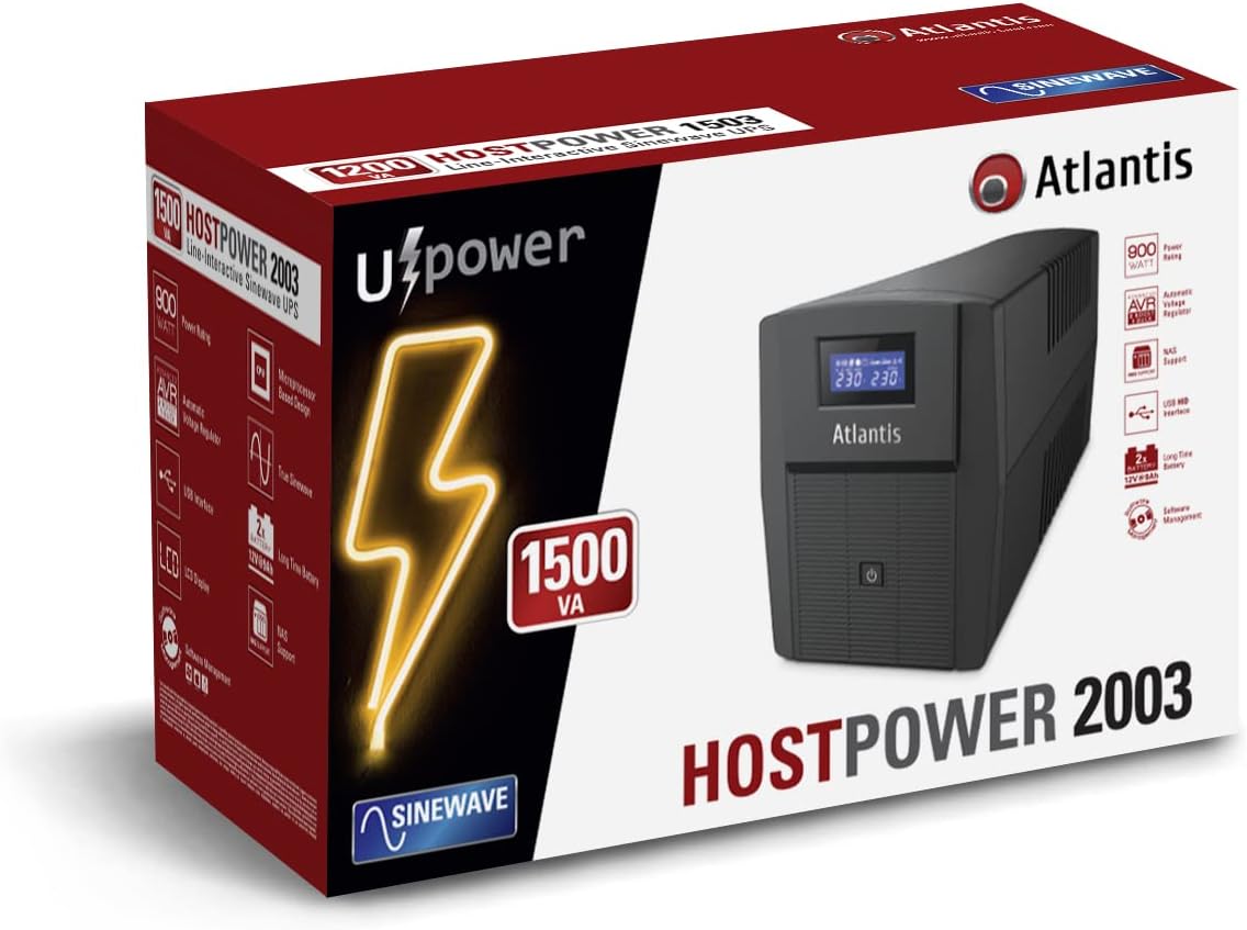 Atlantis A03-HP2003 Ononderbroken sinusgolf 1500 VA 900 W Line Interactive, LCD-display, USB-HID-aansluiting, 3 IEC-uitgangen + 2 geaarde stopcontacten + Alim-kabel, 2 accu's 12 V-9 Ah, bescherming