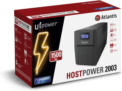 Atlantis A03-HP2003 Ononderbroken sinusgolf 1500 VA 900 W Line Interactive, LCD-display, USB-HID-aansluiting, 3 IEC-uitgangen + 2 geaarde stopcontacten + Alim-kabel, 2 accu's 12 V-9 Ah, bescherming