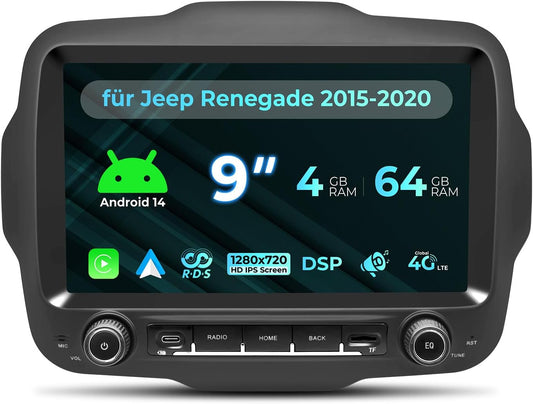 Android 14.0 Autoradio voor Jeep Renegade 2015-2020 met 9 Inch Touchscreen GPS Navigatie Radio Ondersteuning 4G DSP TPMS OBD Draadloze Carplay/Android Auto 4+64GB