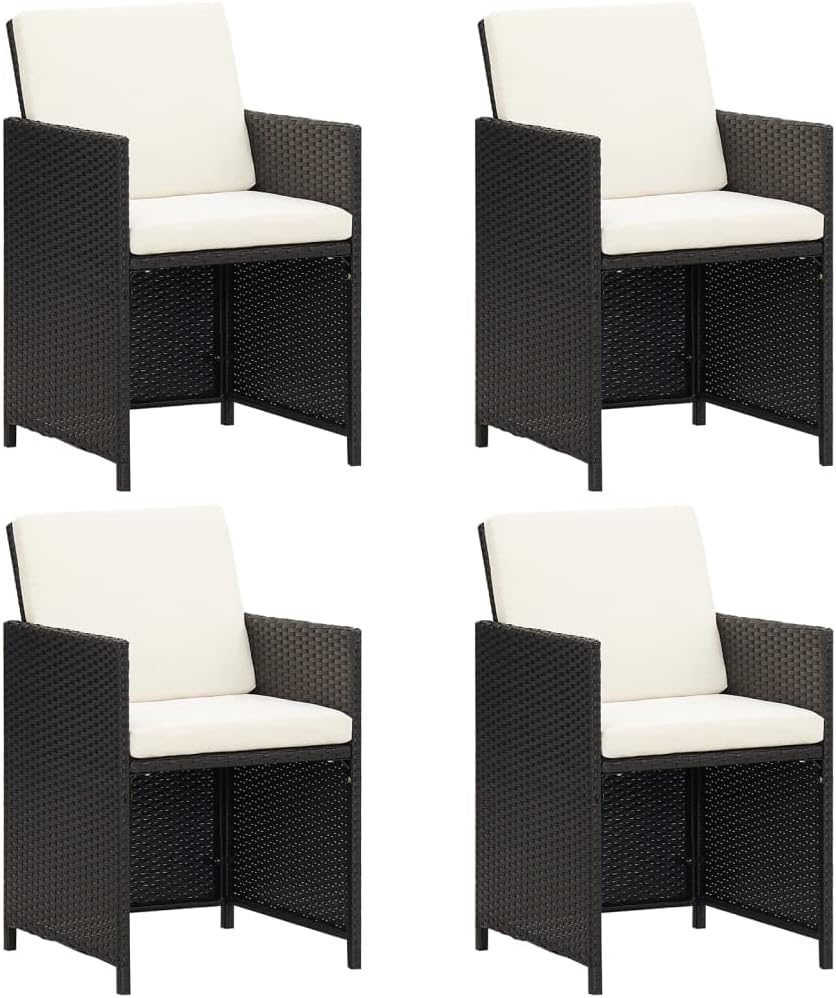 Set of 4 Polyrattan Garden Chairs Black with Cushions, Steel Frame and Modern Design for Outdoor Use Comfortable and Durable Dining Set with Armrests - QUORE